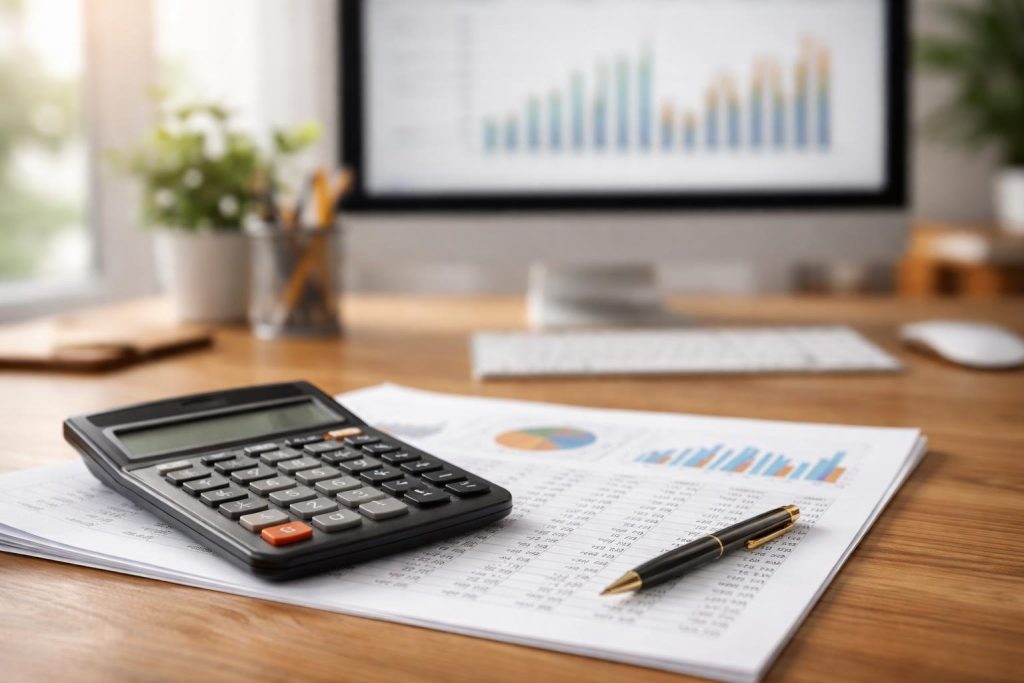 calculatrice-feuille-bureau-bois-graphique-ordinateur