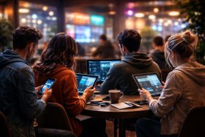 personnes-table-cafe-appareils-tech
