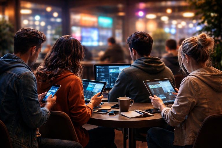 personnes-table-cafe-appareils-tech