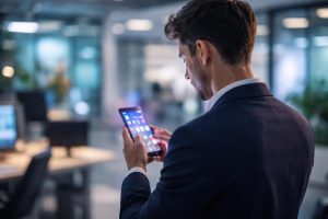jeune-professionnel-smartphone-bureau-futuriste