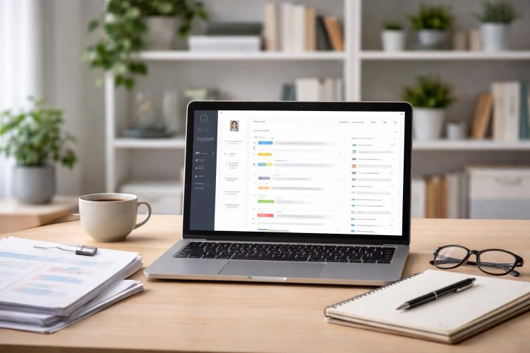 bureau-moderne-ordinateur-documents-etageres