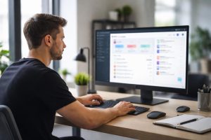 utilisateur-bureau-ecran-interface-floue