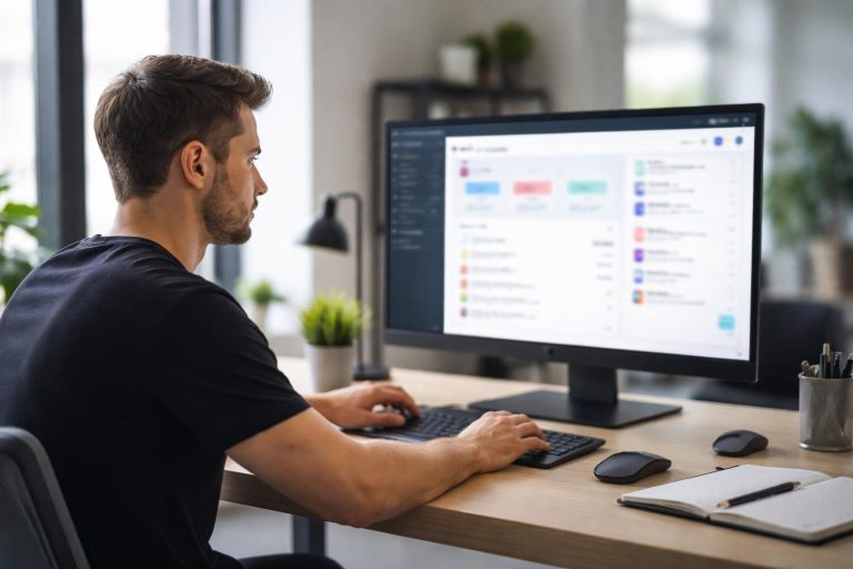 utilisateur-bureau-ecran-interface-floue