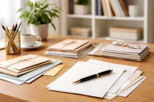 table-bureau-stylo-papiers-bibliotheque