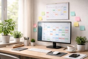 bureau-moderne-ordinateur-calendrier-mural-notes